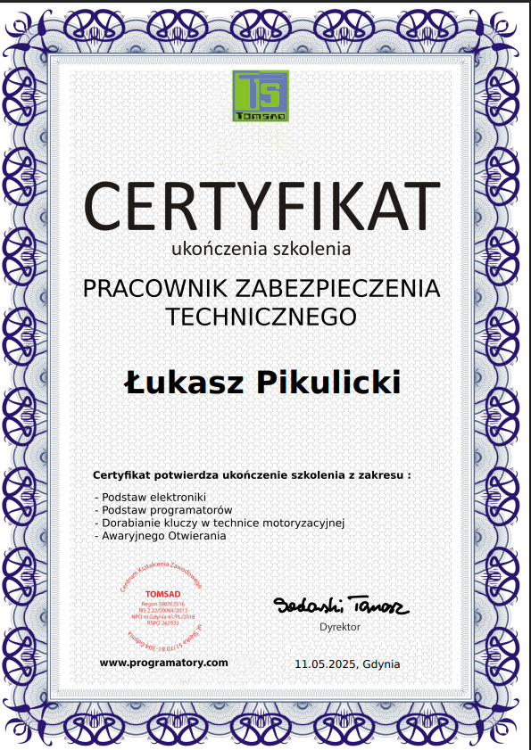 Certyfikat Pracownik Zabezpieczenia Technicznego — TOMSAD